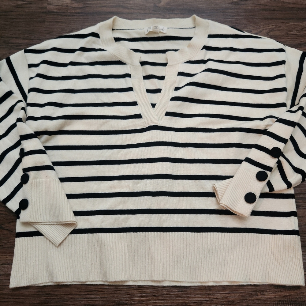 Striped V-Neck Sweater with Button Accents